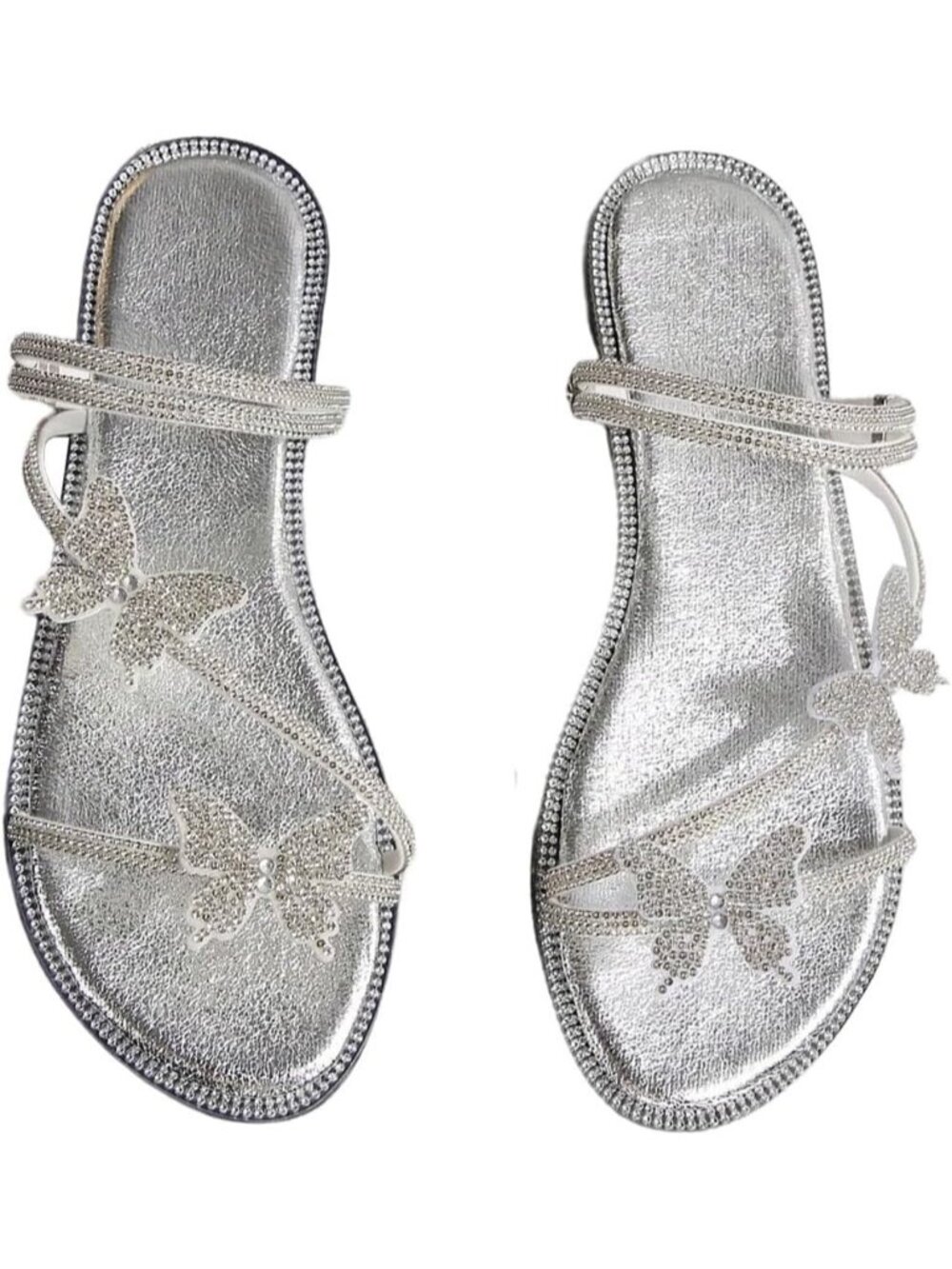 Women's Silver 1 Flat Loafers Sparkly Butterfly Strappy Open Toe Elegant Slide